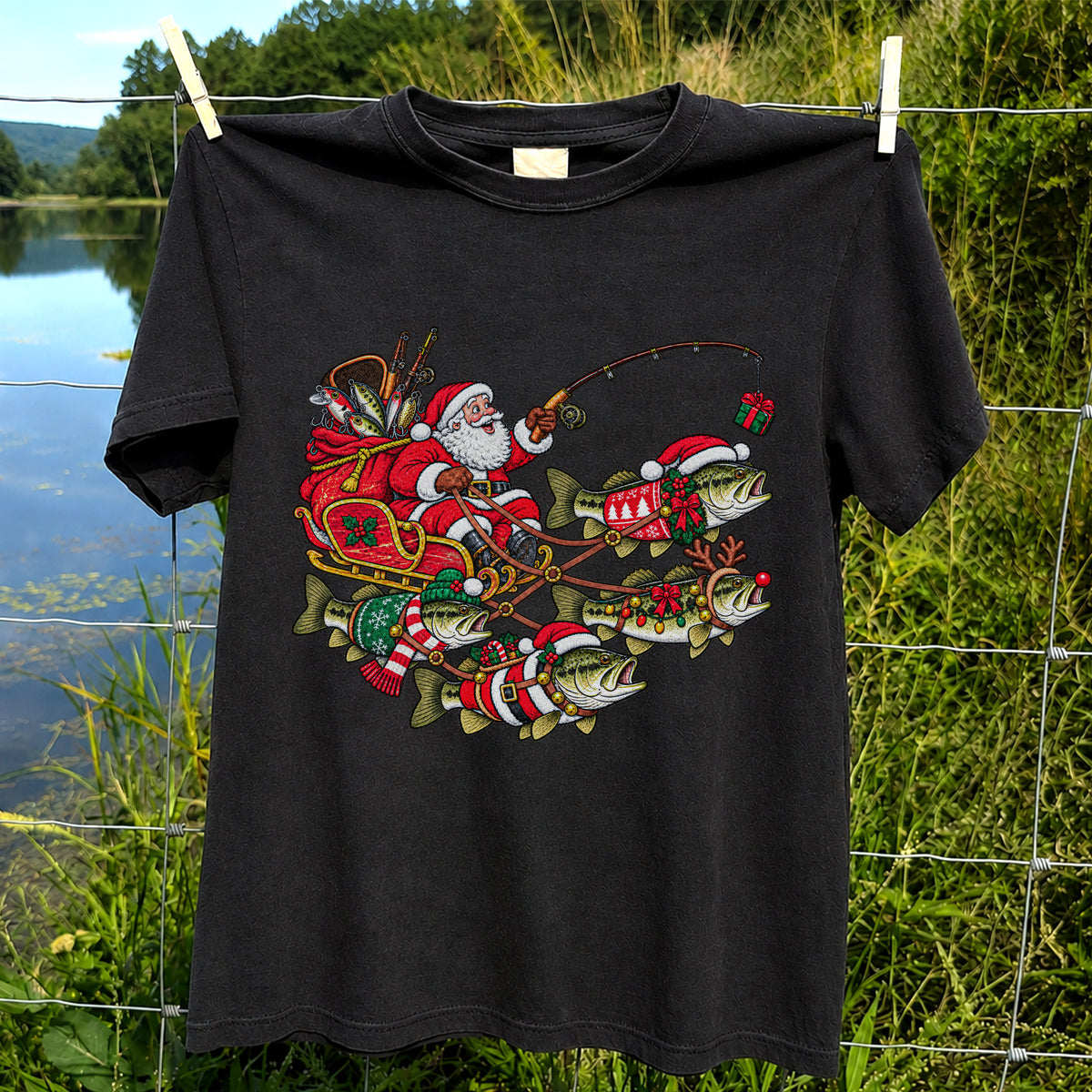 Santa Pulling Festive Bass Fishing Graphic T-Shirt
