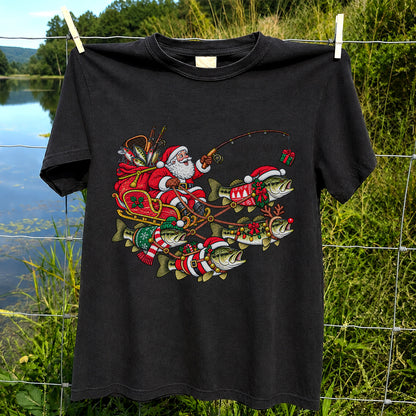 Santa Pulling Festive Bass Fishing Graphic T-Shirt