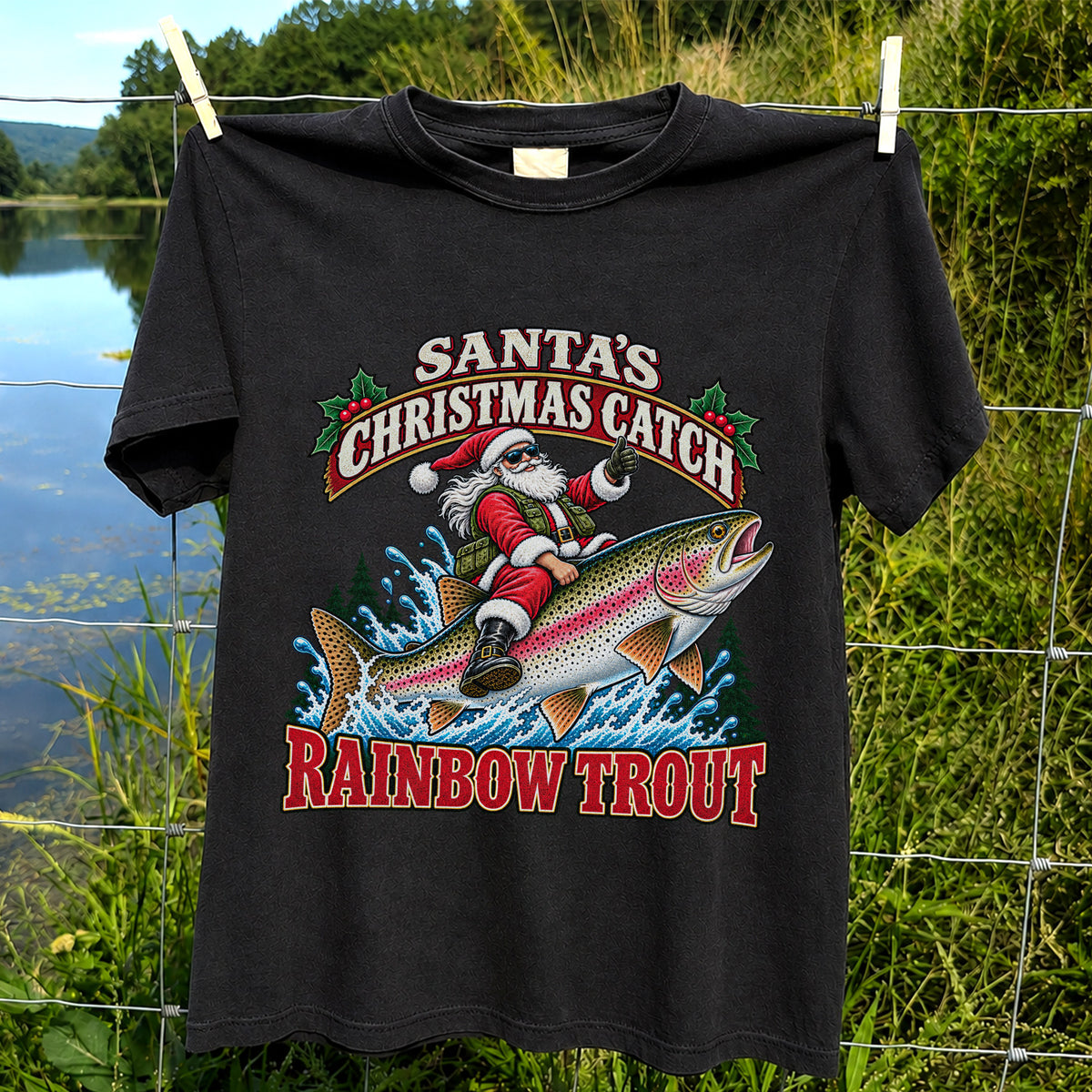 Santa's Christmas Catch Rainbow Trout Fishing T-Shirt
