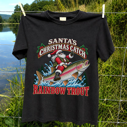 Santa's Christmas Catch Rainbow Trout Fishing T-Shirt