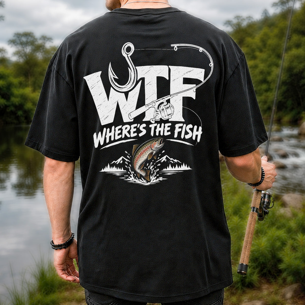 WTF Where's the Fish Jumping Trout and Fishing Rod T-Shirt | Back Print