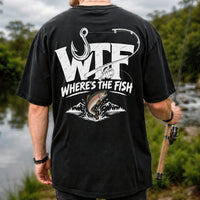 WTF Where's the Fish Jumping Trout and Fishing Rod T-Shirt | Back Print