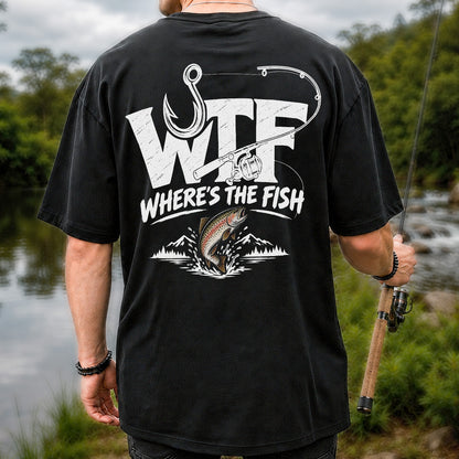 WTF Where's the Fish Jumping Trout and Fishing Rod T-Shirt | Back Print