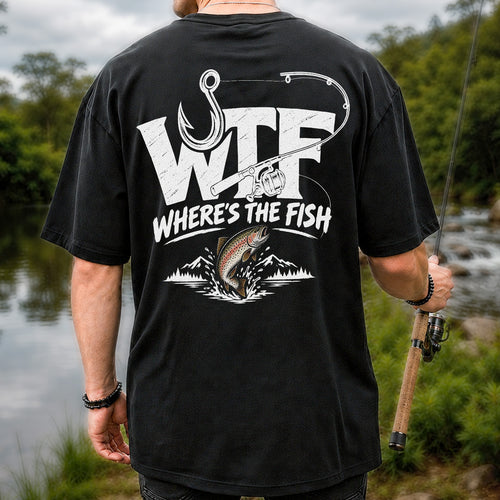 WTF Where's the Fish Jumping Trout and Fishing Rod T-Shirt | Back Print