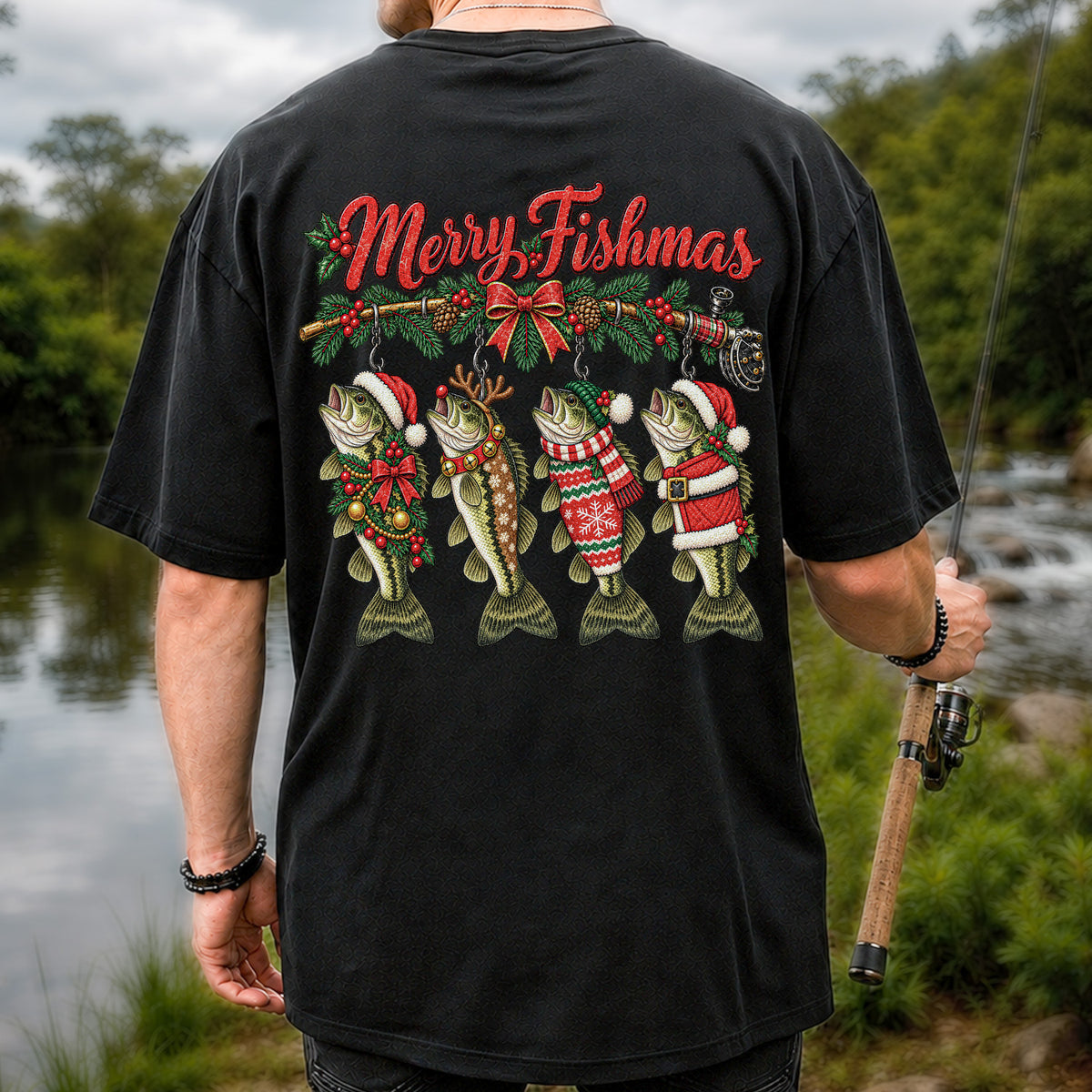 Merry Fishmas Christmas Bass Fishing Graphic T-Shirt | Back Print