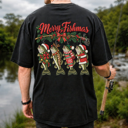 Merry Fishmas Christmas Bass Fishing Graphic T-Shirt | Back Print