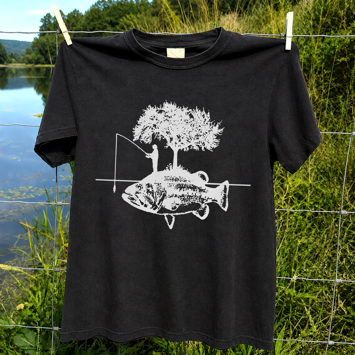 Fish and Tree Silhouette Fishing Graphic T-Shirt