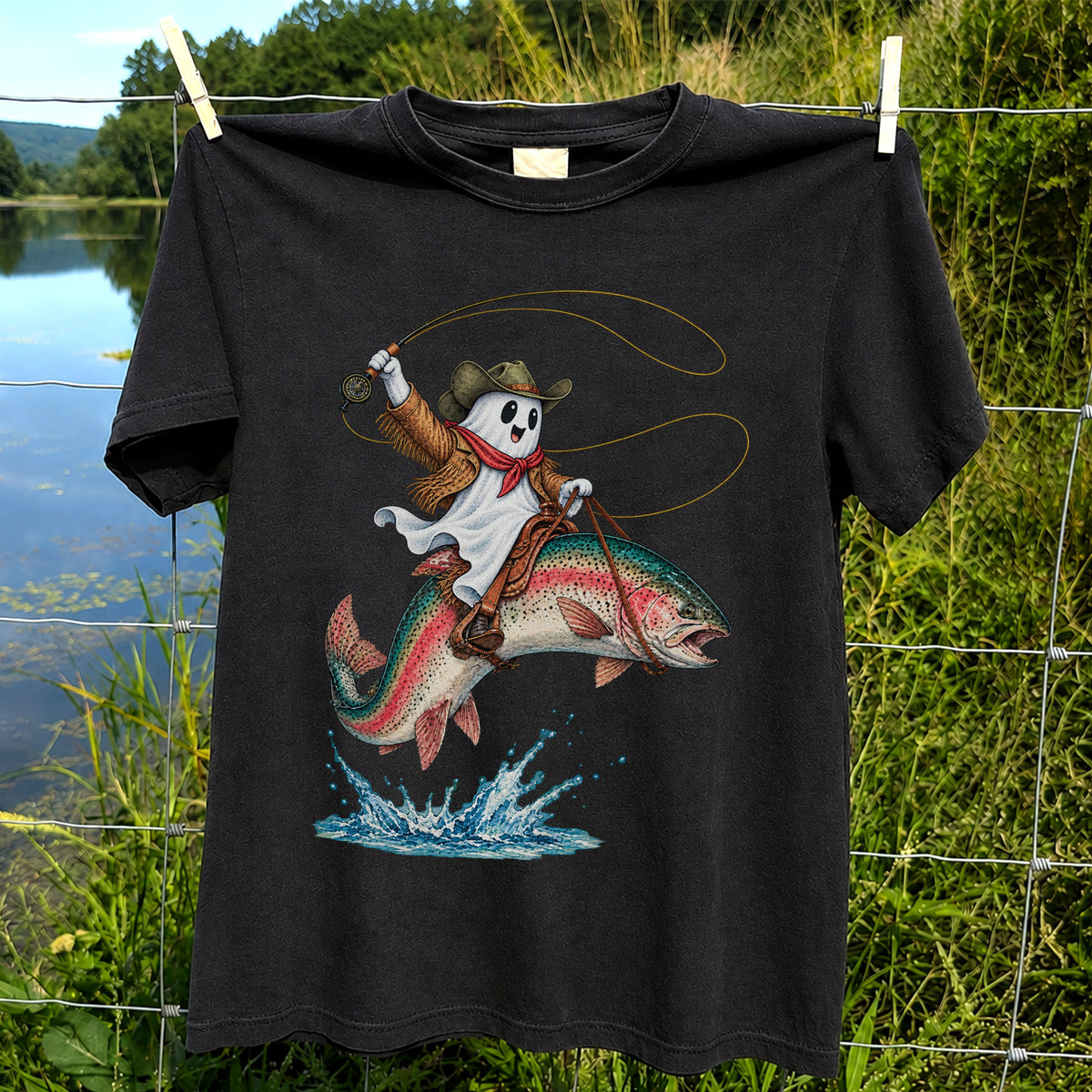 Ghost Cowboy Riding a Rainbow Trout Halloween Fishing T-Shirt