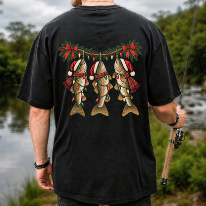 Festive Trout String Lights Christmas Fishing T-Shirt | Back Print