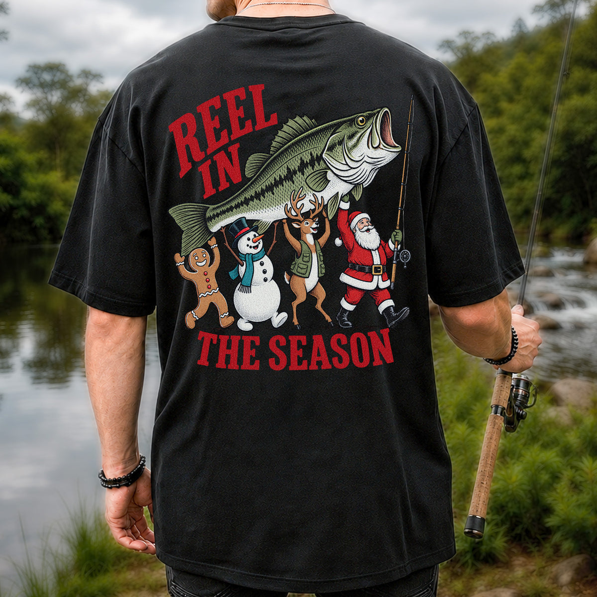 Reel in the Season Bass Christmas Fishing Graphic T-Shirt | Back Print