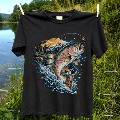 Leaping Rainbow Trout Mountain River Fly Fishing Graphic T-Shirt