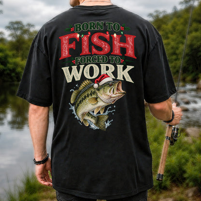 Born to Fish Forced to Work Christmas Largemouth Bass Graphic T-Shirt | Back Print