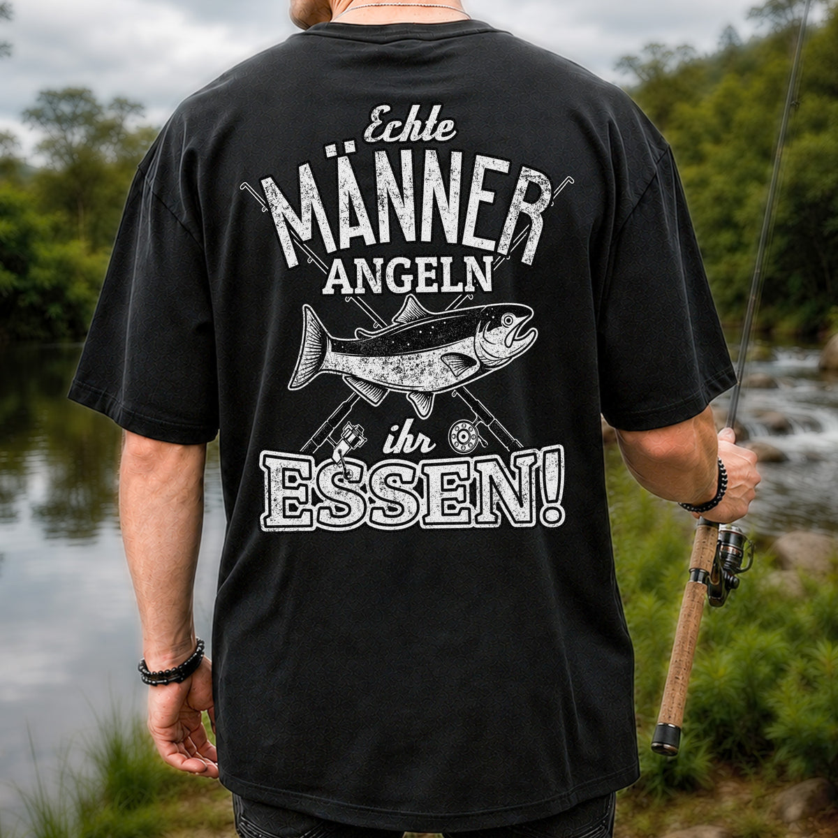 Echte Männer Angeln Ihr Essen Funny Fishing T-Shirt | Back Print