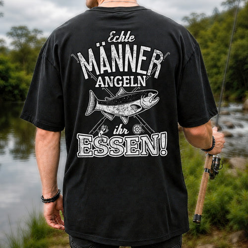 Echte Männer Angeln Ihr Essen Funny Fishing T-Shirt | Back Print