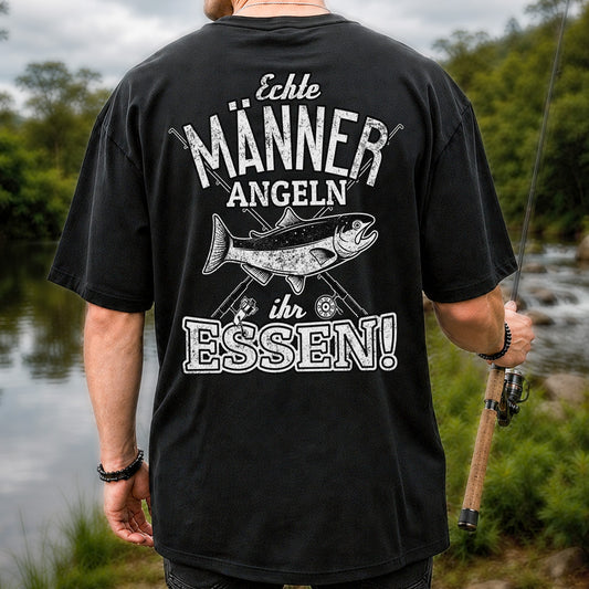 Echte Männer Angeln Ihr Essen Funny Fishing T-Shirt | Back Print