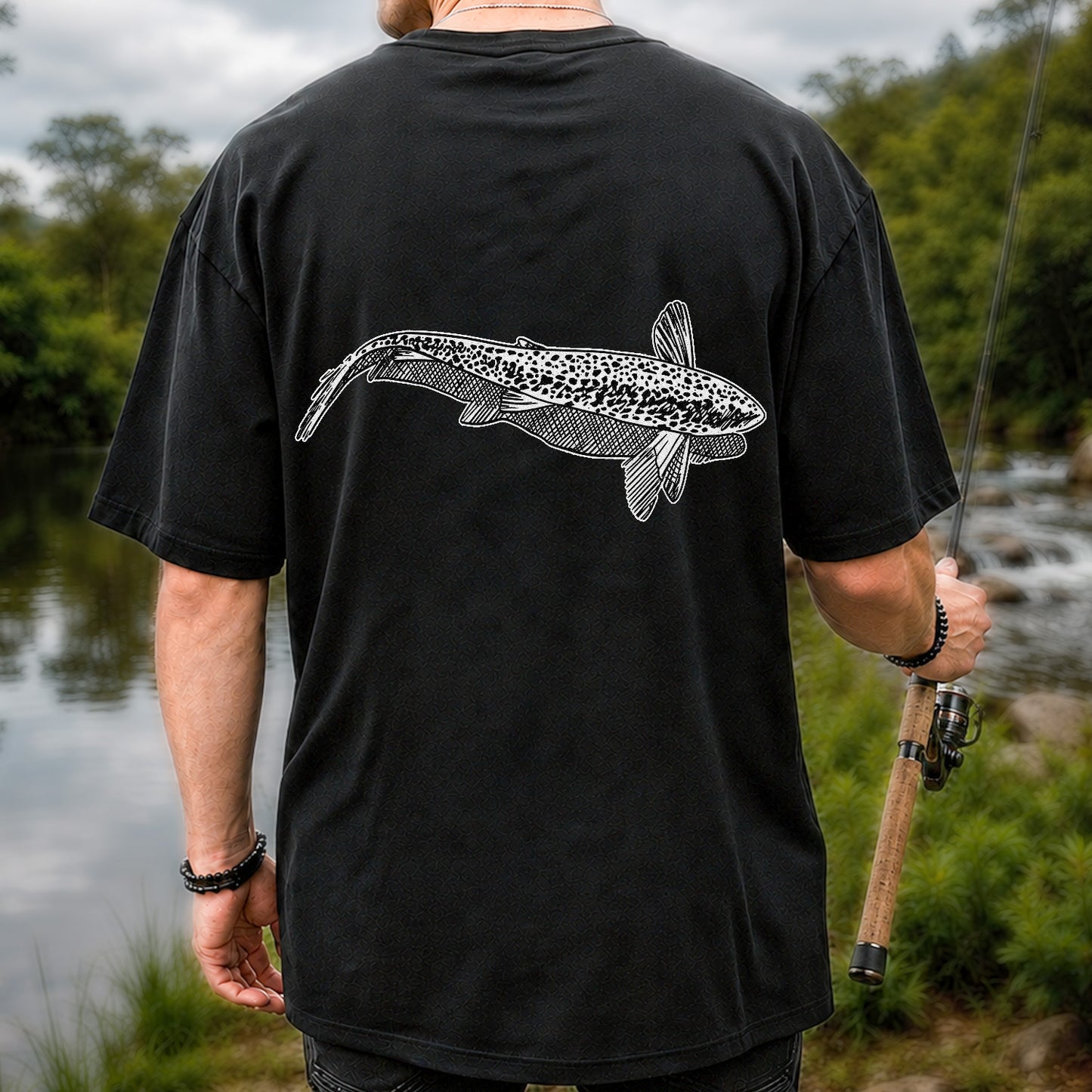 Black and White Trout Line Art Fishing Graphic T-Shirt | Back Print