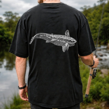 Black and White Trout Line Art Fishing Graphic T-Shirt | Back Print