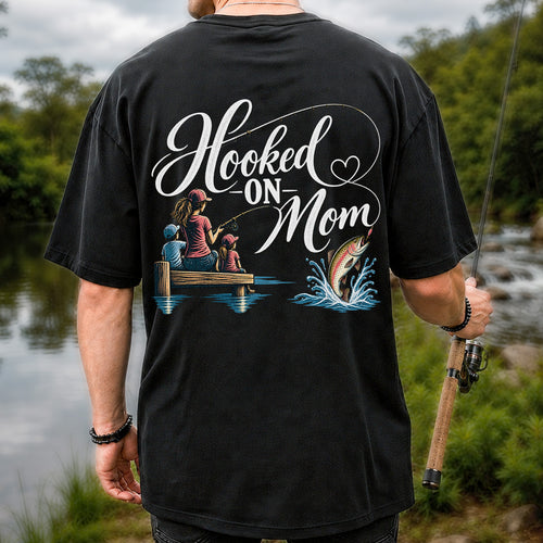 Hooked on Mom Family Fishing Graphic T-Shirt | Back Print