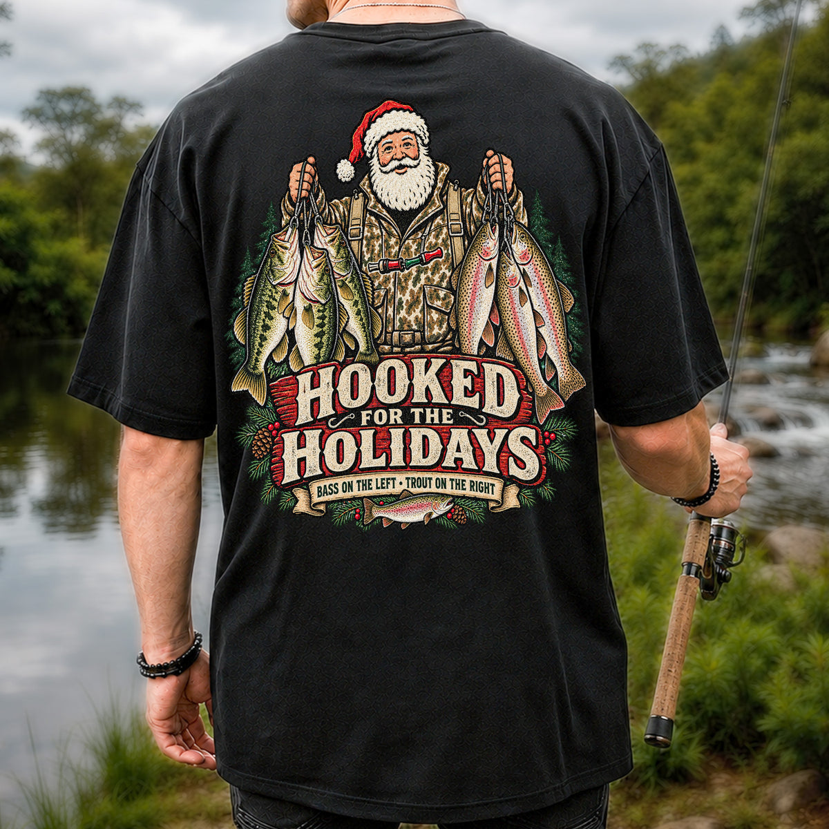 Hooked for the Holidays Bass on the Left Trout on the Right Santa Christmas Fishing T-Shirt | Back Print
