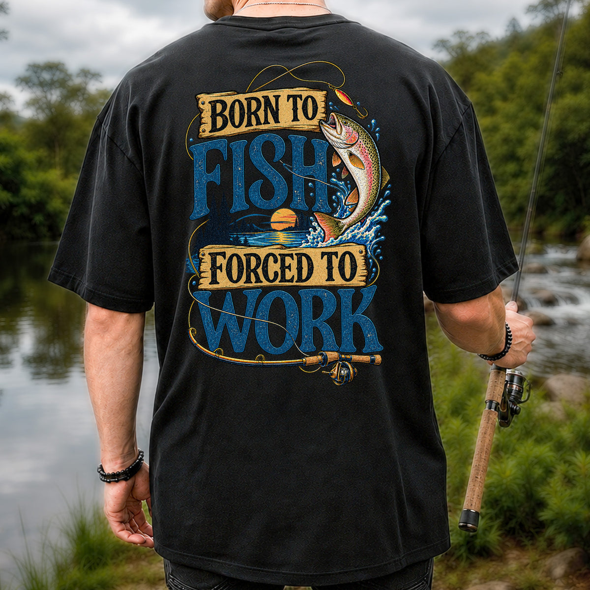 Rainbow Trout Lake Sunset Fishing Graphic T-Shirt | Back Print
