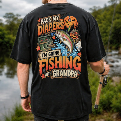 Pack My Diapers I'm Going Fishing With Grandpa Halloween Rainbow Trout T-Shirt | Back Print