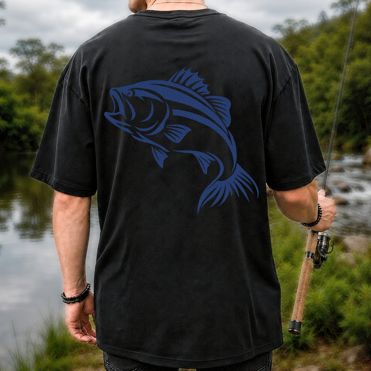 Blue Bass Fishing Line Art Graphic T-Shirt | Back Print