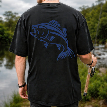 Blue Bass Fishing Line Art Graphic T-Shirt | Back Print