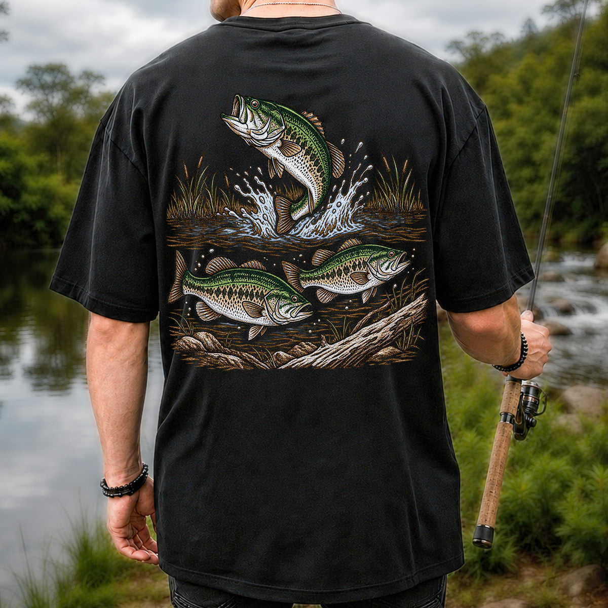 Largemouth Bass Jumping River Fishing Graphic T-Shirt | Back Print
