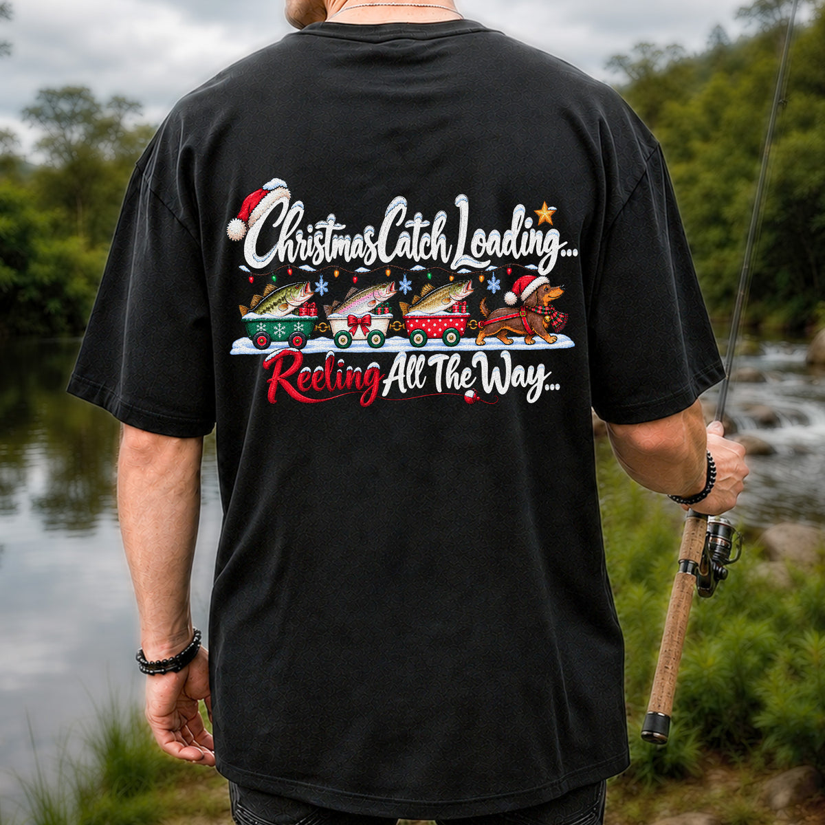Christmas Fishing Train with Trout and Dog Graphic T-Shirt | Back Print