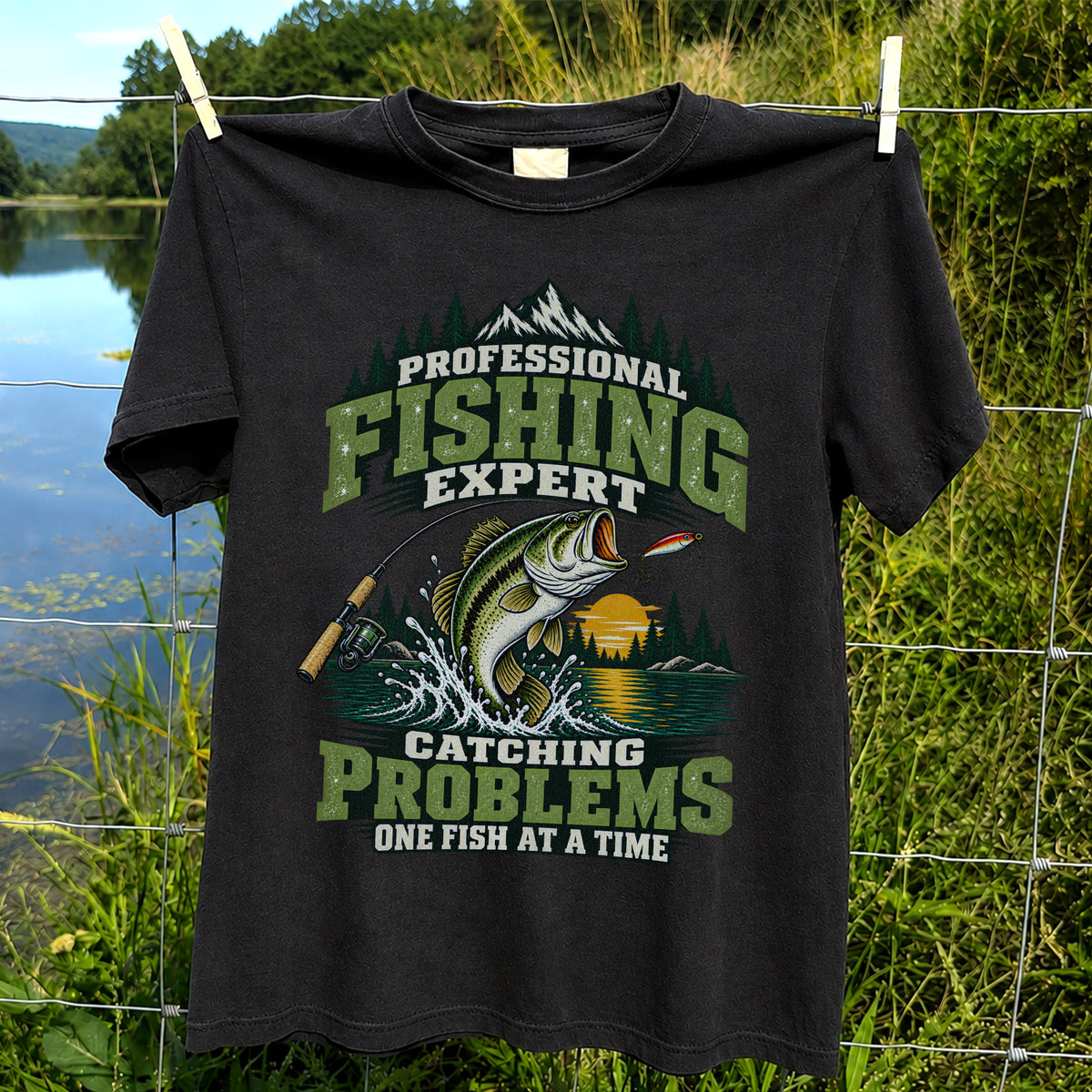 Professional Fishing Expert Catching Problems One Fish at a Time Bass T-Shirt