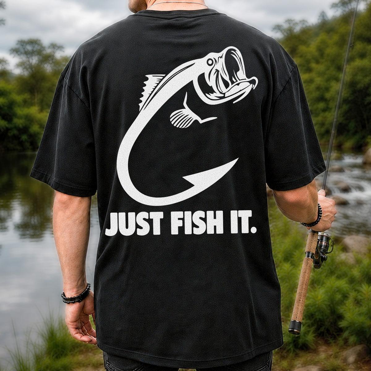 Just Fish It Bass and Fishing Hook Graphic T-Shirt | Back Print