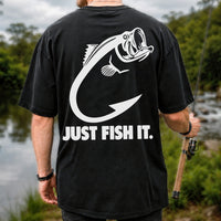 Just Fish It Bass and Fishing Hook Graphic T-Shirt | Back Print