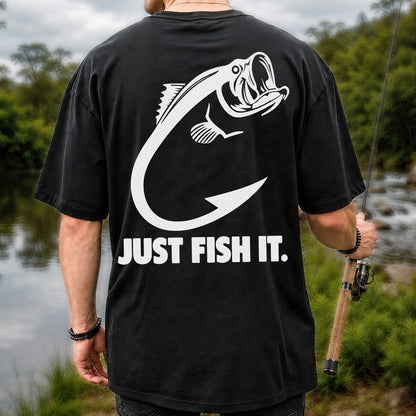 Just Fish It Bass and Fishing Hook Graphic T-Shirt | Back Print