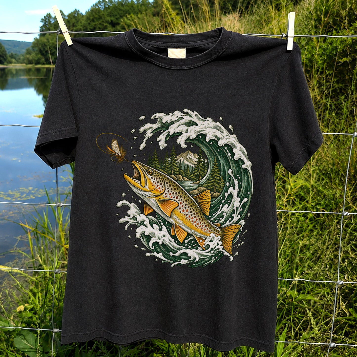 Brown Trout Chasing a Fly Through a Mountain Wave Graphic T-Shirt