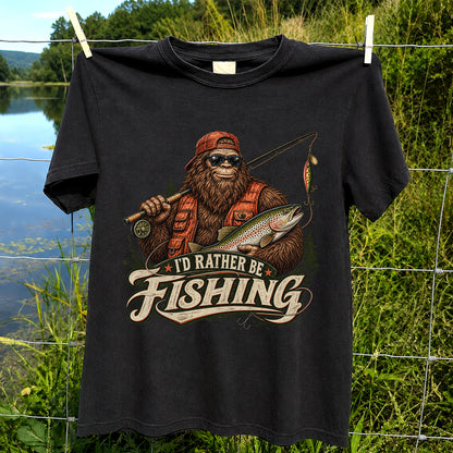 Bigfoot Holding Trout Funny Fishing Graphic T-Shirt