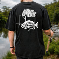Fish and Tree Silhouette Fishing Graphic T-Shirt | Back Print