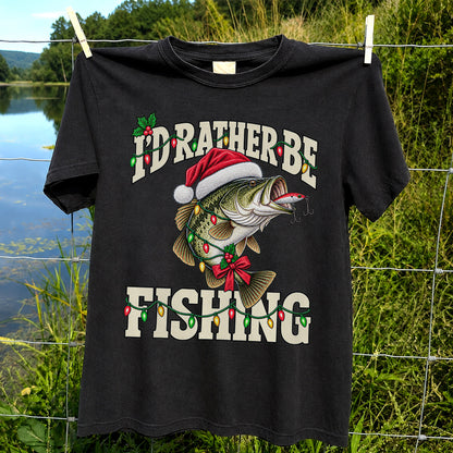Santa Hat Bass Christmas Fishing Graphic T-Shirt