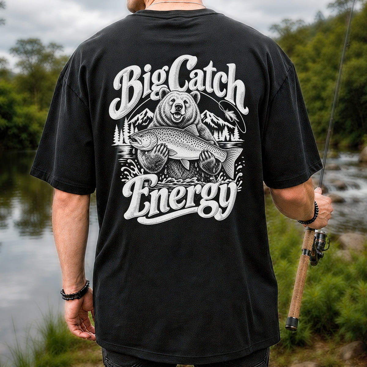 Big Catch Energy Bear Holding Trout Fishing T-Shirt | Back Print
