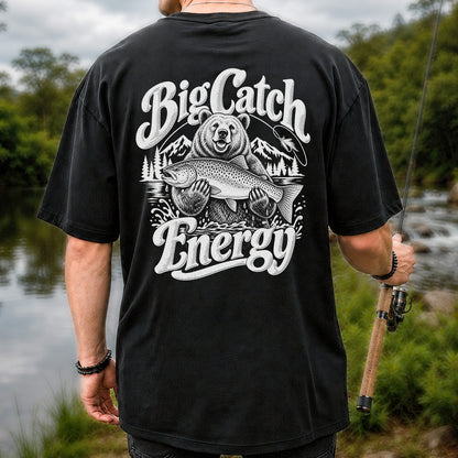 Big Catch Energy Bear Holding Trout Fishing T-Shirt | Back Print
