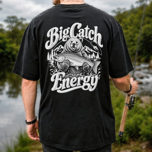 Big Catch Energy Bear Holding Trout Fishing T-Shirt | Back Print