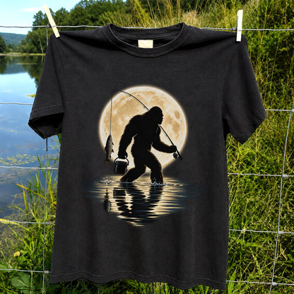 Bigfoot Fishing Under a Full Moon Graphic T-Shirt