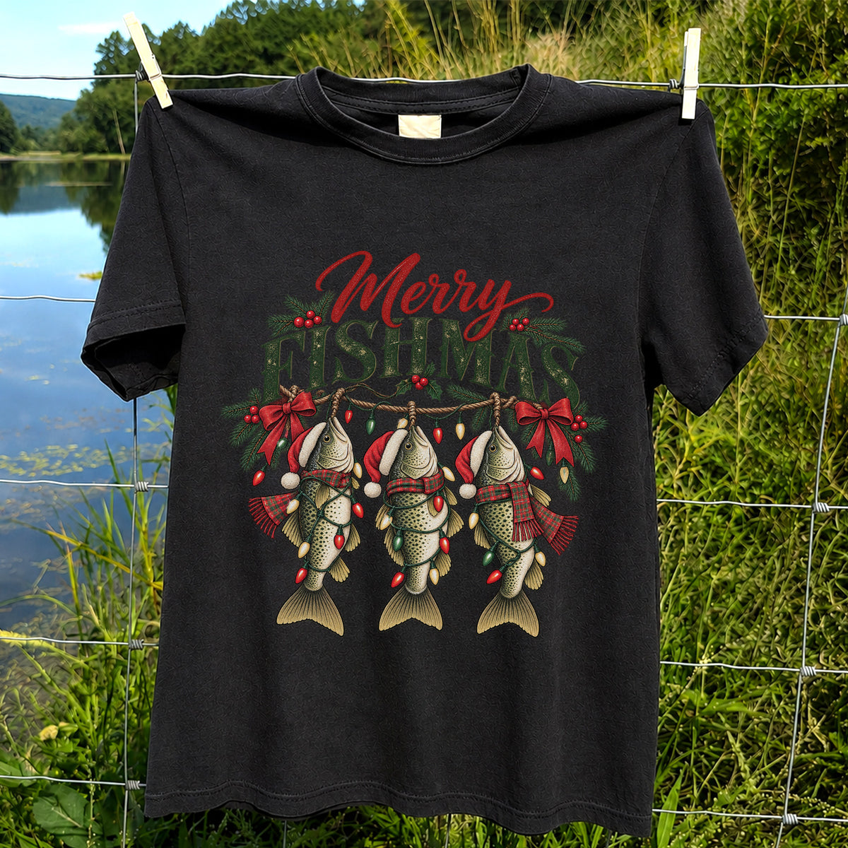 Merry Fishmas Christmas Trout Fishing Graphic T-Shirt