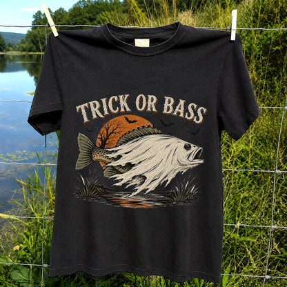 Trick or Bass Halloween Fishing T-Shirt, Vintage Trout Angler Tee