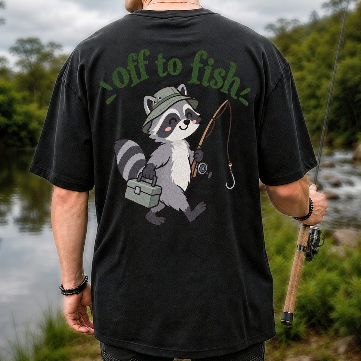 Off to Fish Cute Raccoon with Fishing Rod Graphic T-Shirt | Back Print