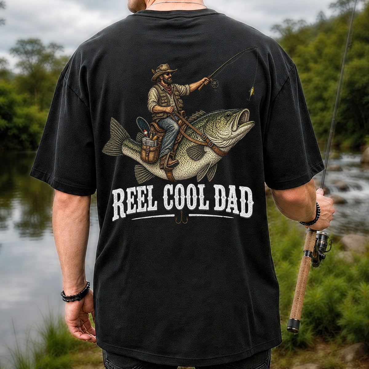 Reel Cool Dad Cowboy Riding a Bass Fishing Graphic T-Shirt | Back Print