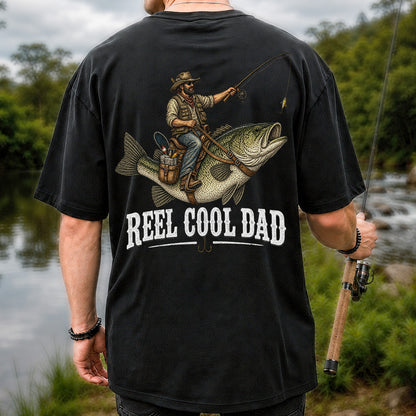 Reel Cool Dad Cowboy Riding a Bass Fishing Graphic T-Shirt | Back Print