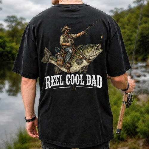 Reel Cool Dad Cowboy Riding a Bass Fishing Graphic T-Shirt | Back Print