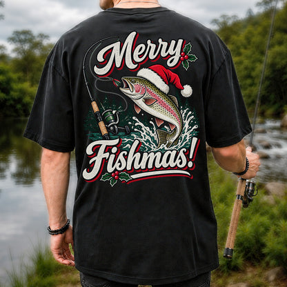 Merry Fishmas Rainbow Trout in Santa Hat Christmas Fishing T-Shirt, Trout Fishing | Back Print