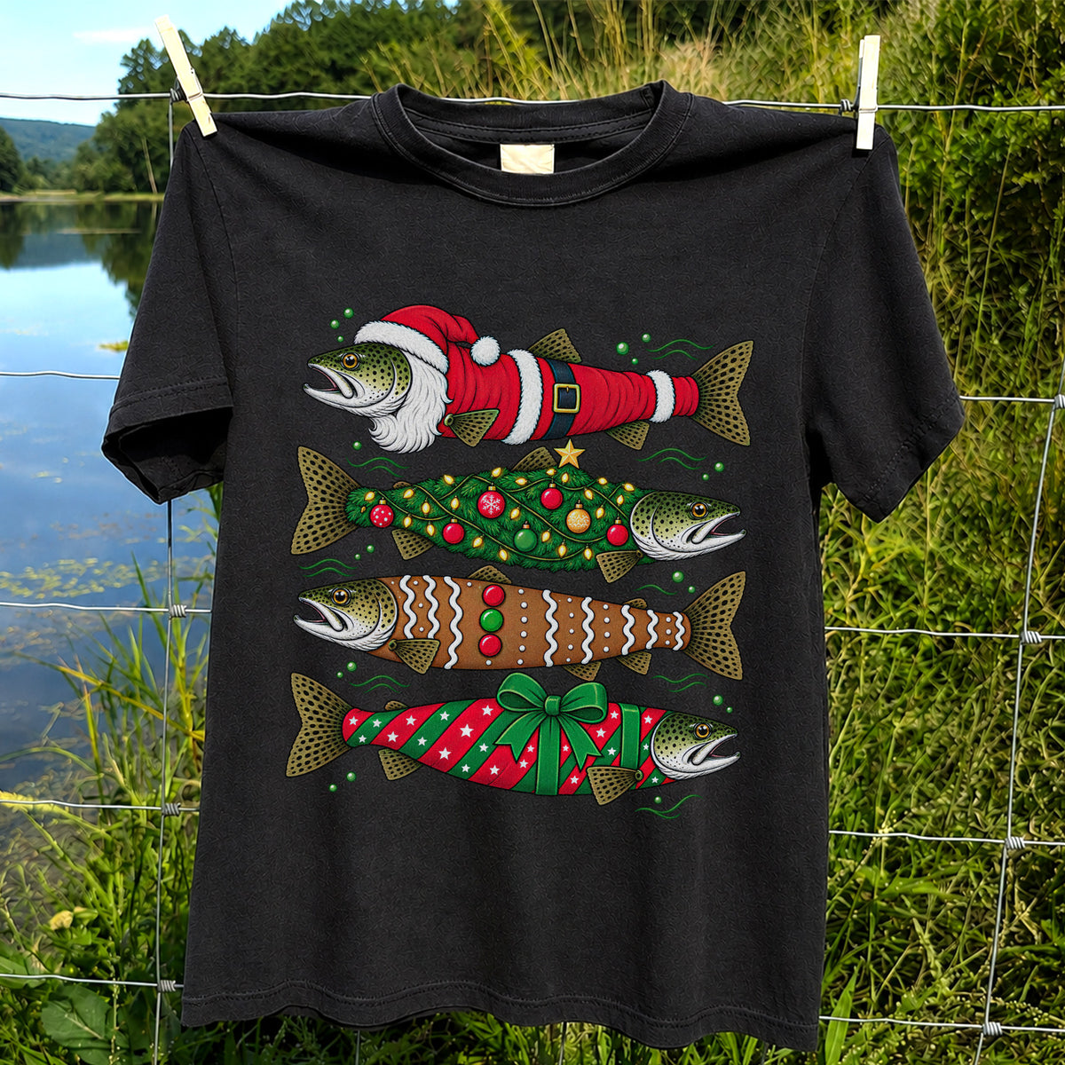 Christmas Trout Santa Tree and Gift Wrap Fishing T-Shirt