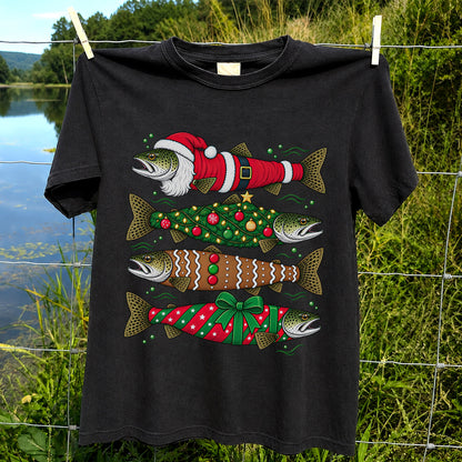 Christmas Trout Santa Tree and Gift Wrap Fishing T-Shirt